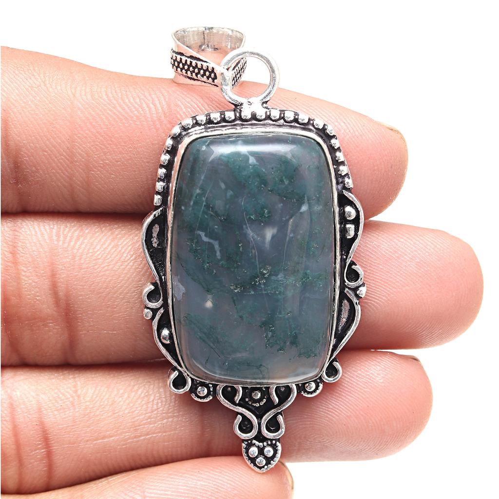 Pendant Moss Agate Gemstone Valentine'Day Gift Silver Jewelry 2.5"