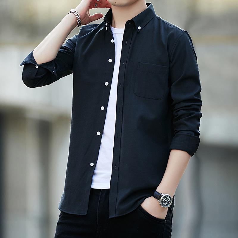 Cămașă Oxford cu mânecă lungă pentru bărbați, croială slim fit - Albastru uni, Negru sau Alb, stil coreean