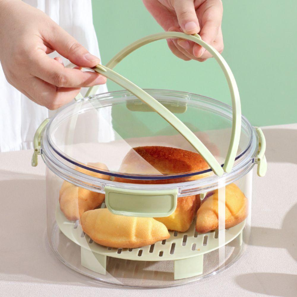 Luftdichte Camping-Obstbox mit Sieb, rund, faltbarem Griff, transparent, großes Fassungsvermögen