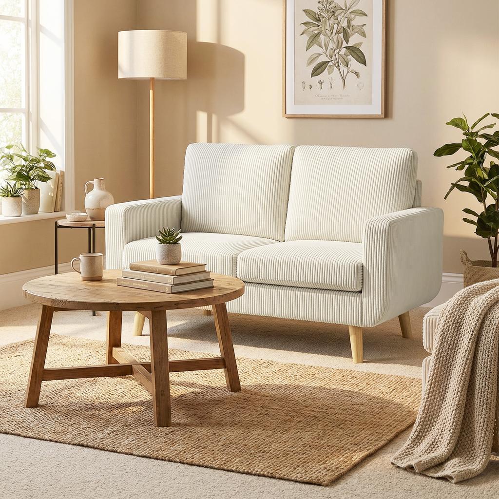 Two-Seater Corduroy Sofa, 134 cm Wide, Upholstered Seat, Spring Cushion, Cream