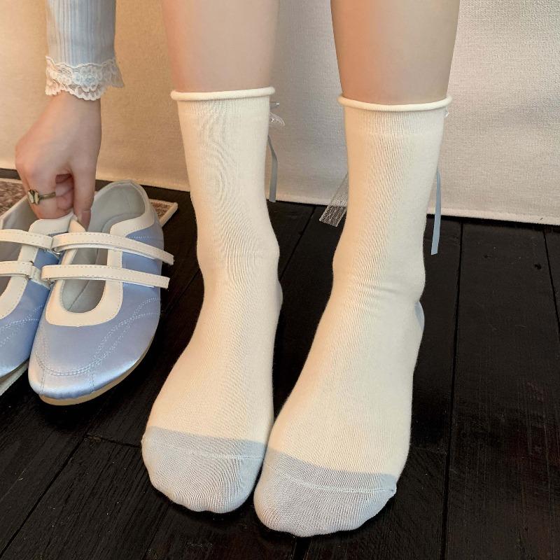 Blue and White Decorative Socks - Lil' Lolydita Bow Tie Ankle Socks with Rolled Edges and Gathered Fabric, Sweet Lace Socks