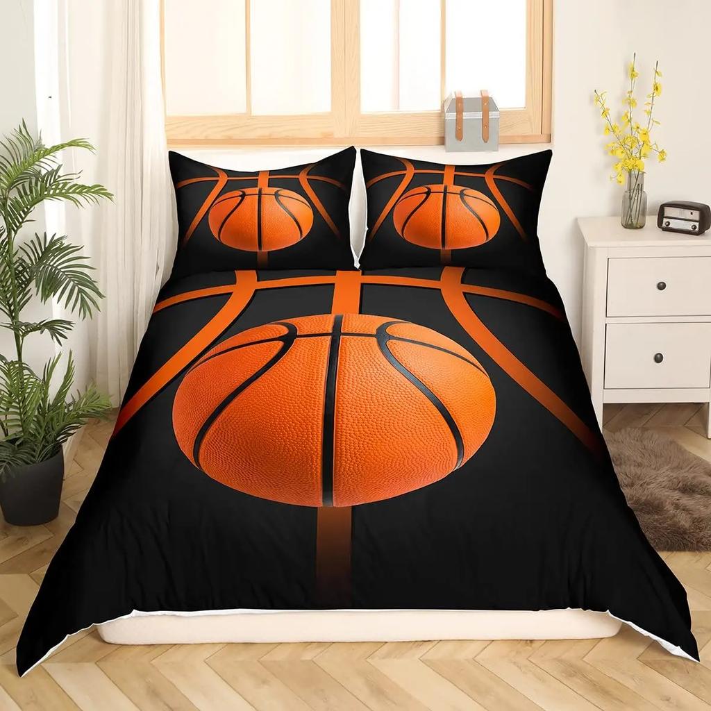 Basketball Court Print Bedding Set Queen Size,Ball Sports Games Themed Duvet Cover, Boys Game Room Decor Comforter Duvet Cover