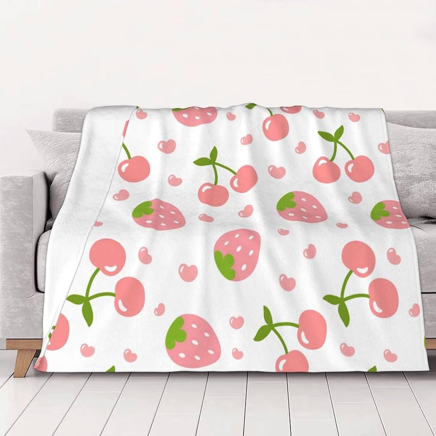 Cute Strawberry Blanket, Plush Soft Warm Flannel Sweet Fruit Throw Blanket for Couch, Travel, Bed, Outdoor, Gift for Teen Adult
