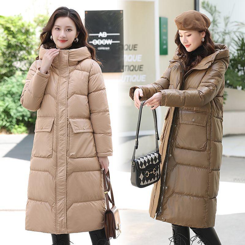 Women's Autumn and Winter Down Cotton Hooded Korean Style Loose Thickened Large Size Fashionable Long Knee-length Cotton Coat