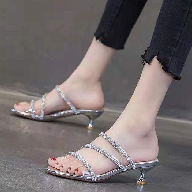 3Cm half-drag high heels, rhinestone fairy, cool slippers outside the wind, female 2025 new summer temperament low heel medium heel