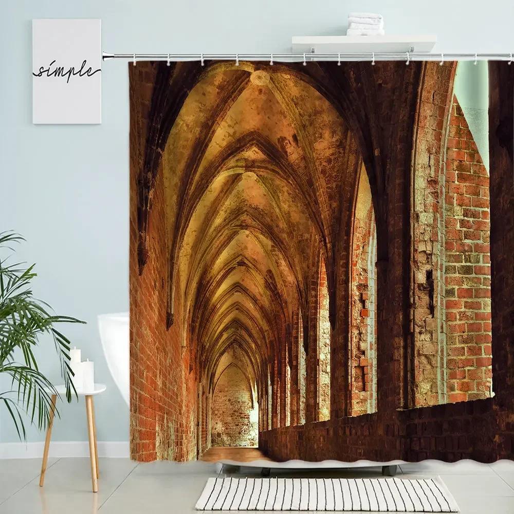 Morocco Arched Building Shower Curtain Gothic Retro Old Geometric Brick Wall Door Home Bathroom Waterproof Curtains Home Decor