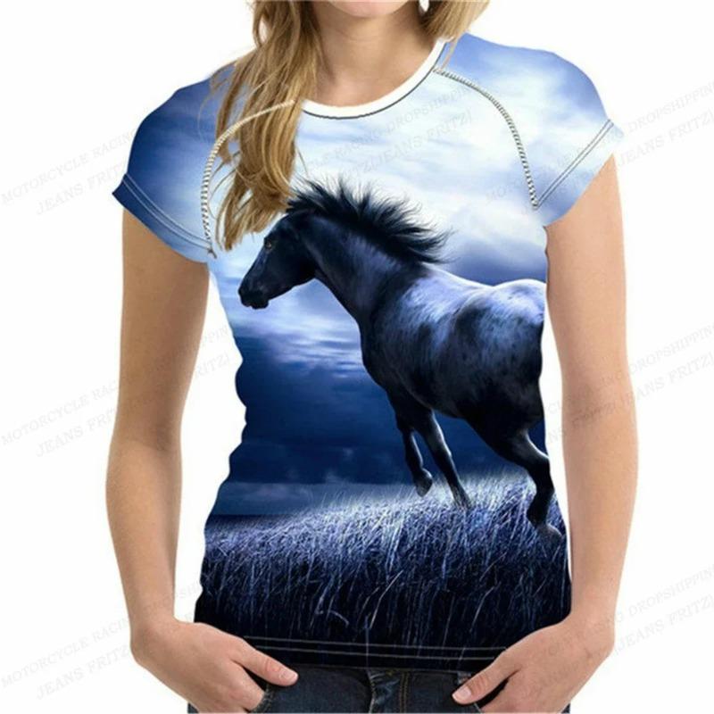 Modny damski t-shirt z nadrukiem 3D z koniem, letni, żywy, oversize, z okrągłym dekoltem, z krótkim rękawem, top, t-shirt, ubrania ze zwierzętami, t-shirt dla dziewczyny