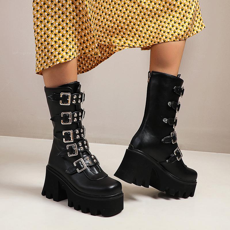 Winter Punk Women Boots Platform Mid Calf Boots Black Buckle Strap Zipper Wedges Shoes Short Plush Motorcycle Boots