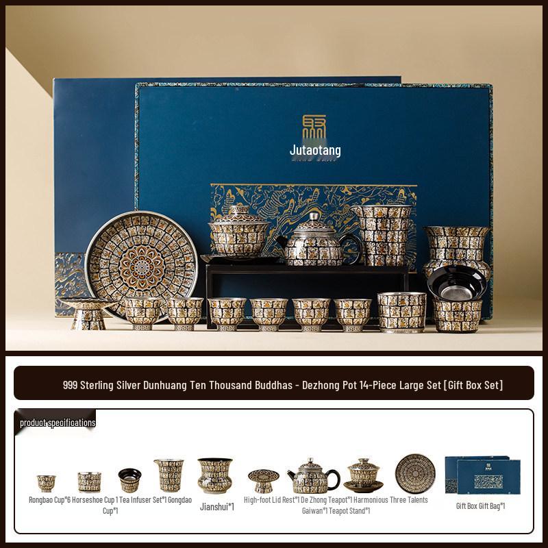 

Sterling Silver Dunhuang Ten Thousand Buddhas Tea Set: Luxury Gift Box for New Year, Birthdays & Elders Standard