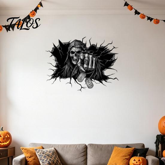 Haunted House Decoration Grim Reaper Wall Sticker, 3D Breaking Through Art Decal, Spooky Room Decorations Scary Skull Mural for Home Bar Pub Halloween