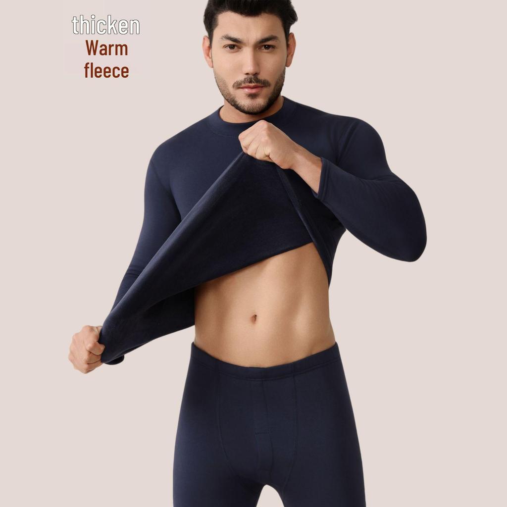 Men's and Women's Fleece-lined Crew Neck Warm Underwear Set: Heat-generating, Cold-proof, Pure Cotton for Autumn.