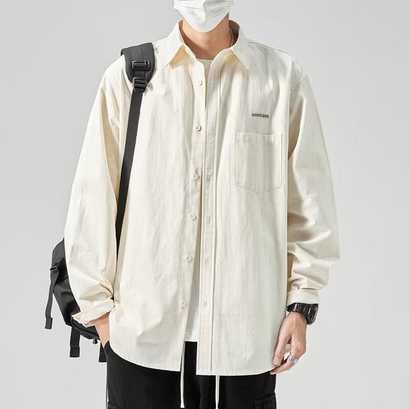 

Модная мужская рубашка с длинными рукавами, весна-осень, простые буквы, вышитая рубашка для пожилых людей, однотонная рубашка, универсальная свободная рабочая хлопковая куртка 5XL абрикосовый