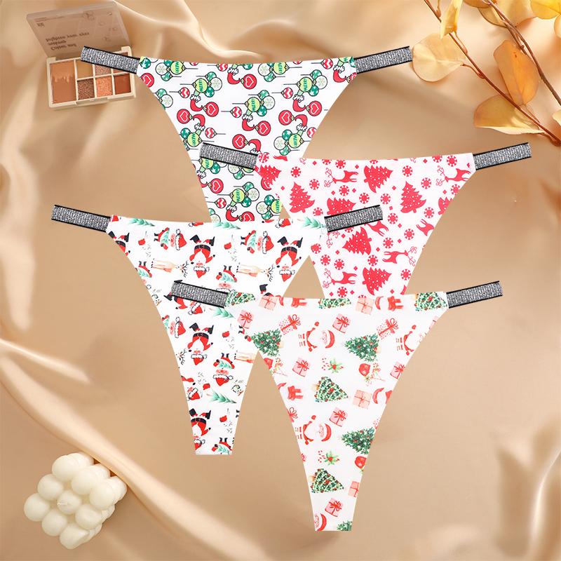 FINETOO 4Pcs Snowflake Santa Claus G-String Sexy Breathable Women's Underwear Low Waist Thong Merry Christmas Panties Diamonds