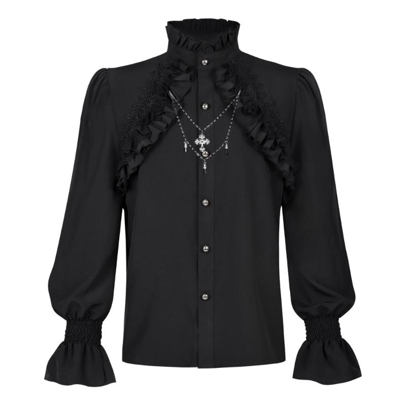

Gothic Lace Trim Blouse Halloween Cosplay Shirt Elegant Victorian Style Polyester Costume Top For Theme Parties XXL чорний