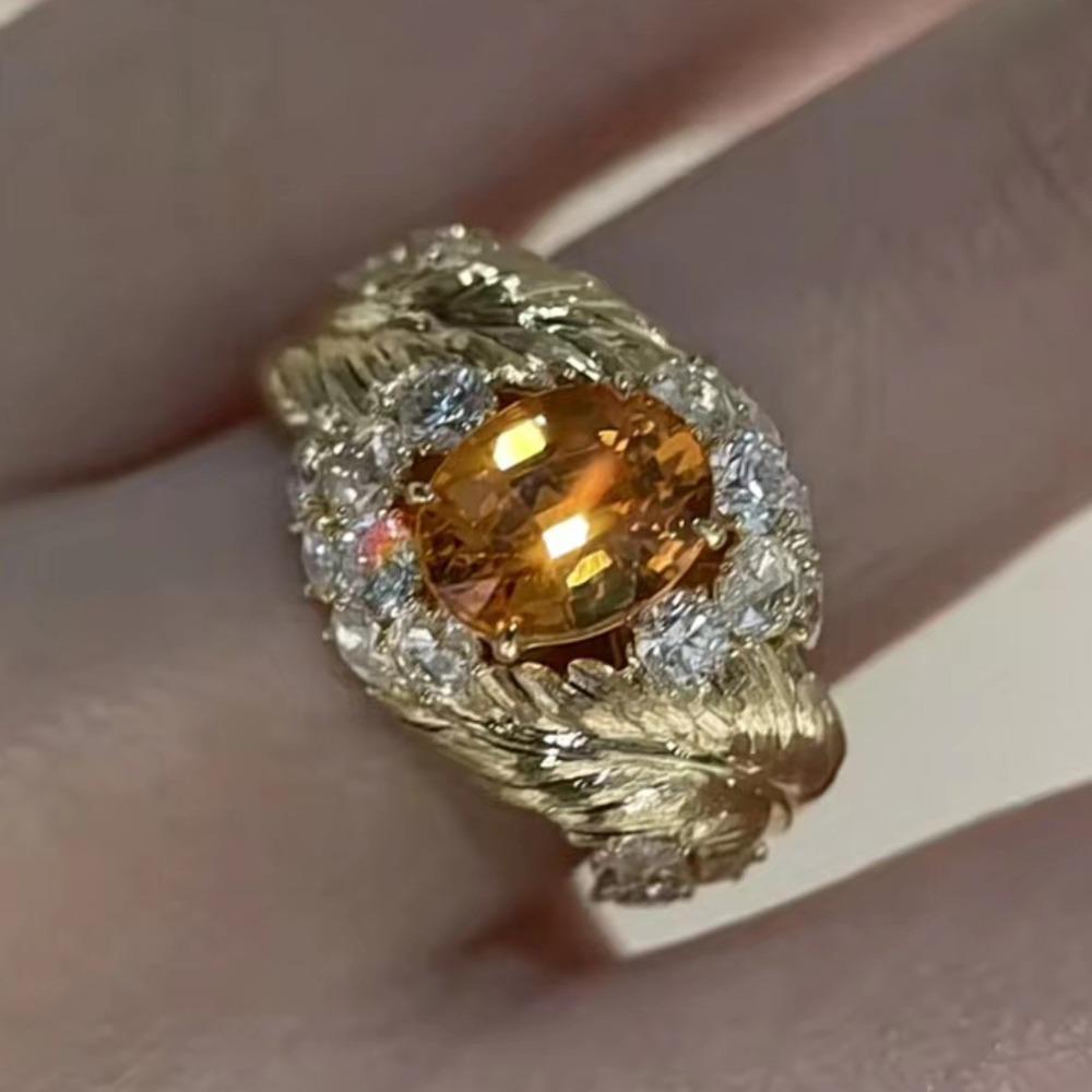 

Italian Buccellati Inspired Feather Engraved Open Ring with Fancy Yellow Diamond for Women