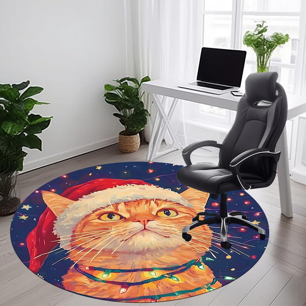 1pc Christmas Cat Office Round Area Rug, Indoor Mat Suitable ForOffice, Under Office Chairs Bedroom Living Room Home Decor, Room Deco T219