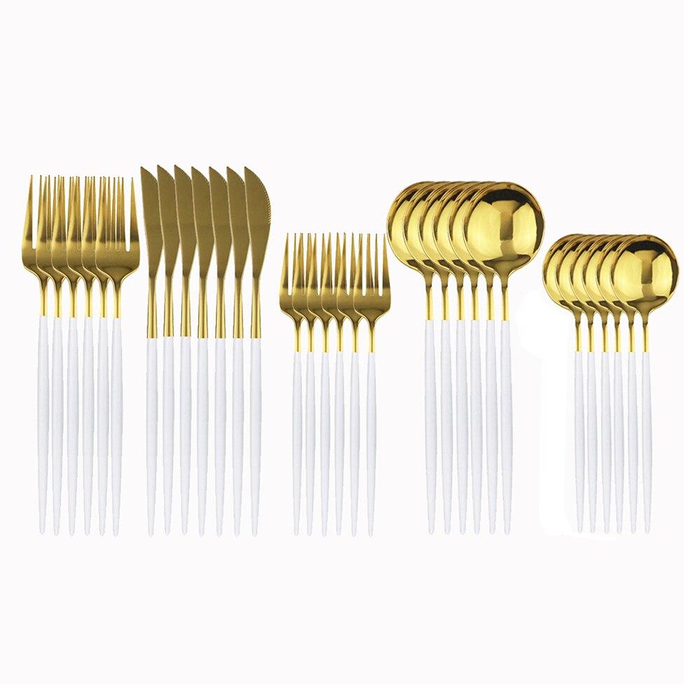 30Pcs White Gold Cutlery Set 18/10 Stainless Steel Dinnerware Set Knife Dessert Fork Spoon Silverware Kitchen Tableware Set