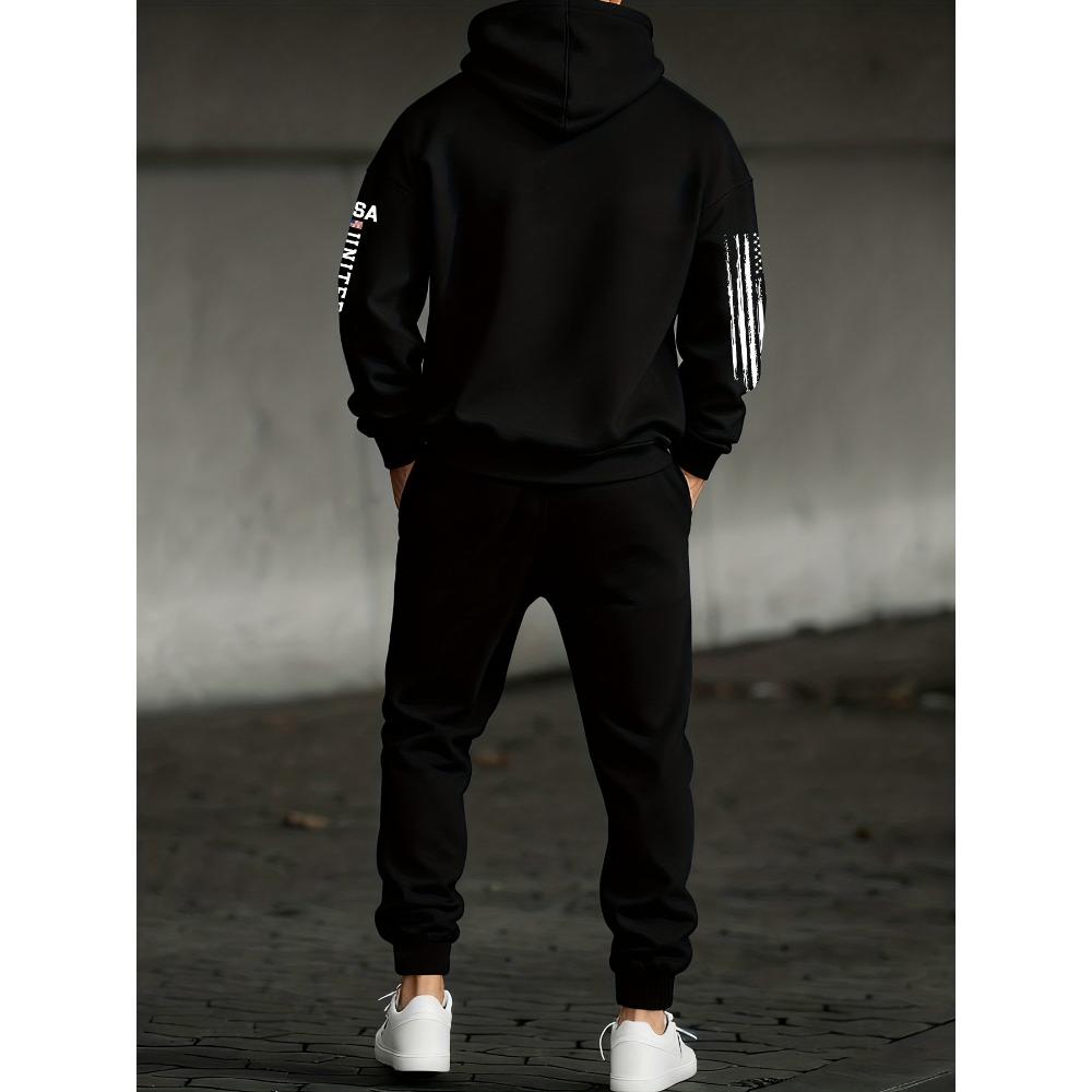 Men's Casual Suit, Printed Drawstring Hoodie, with Pockets and Drawstring Running Pants, Fashionable Men's Must Have Cool Set