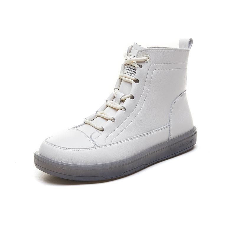 Leather short boots women's 2025 casual versatile flat bottom side zipper high top white shoes women's Internet celebrity popular boots velvet