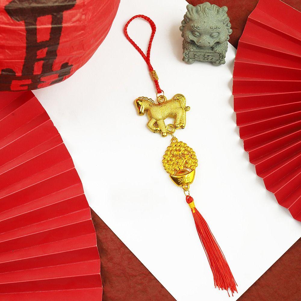 Red Gold Color Spring Festival Pendant with Tassel Zodiac Horse Pendant  Wall Hanging Ornament