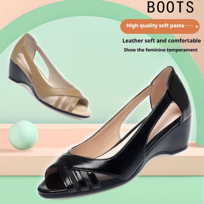 Fish Mouth Sandals Women Soft Leather Soft Sole Shoes Hollow Wedge Heels Summer Women's Shoes