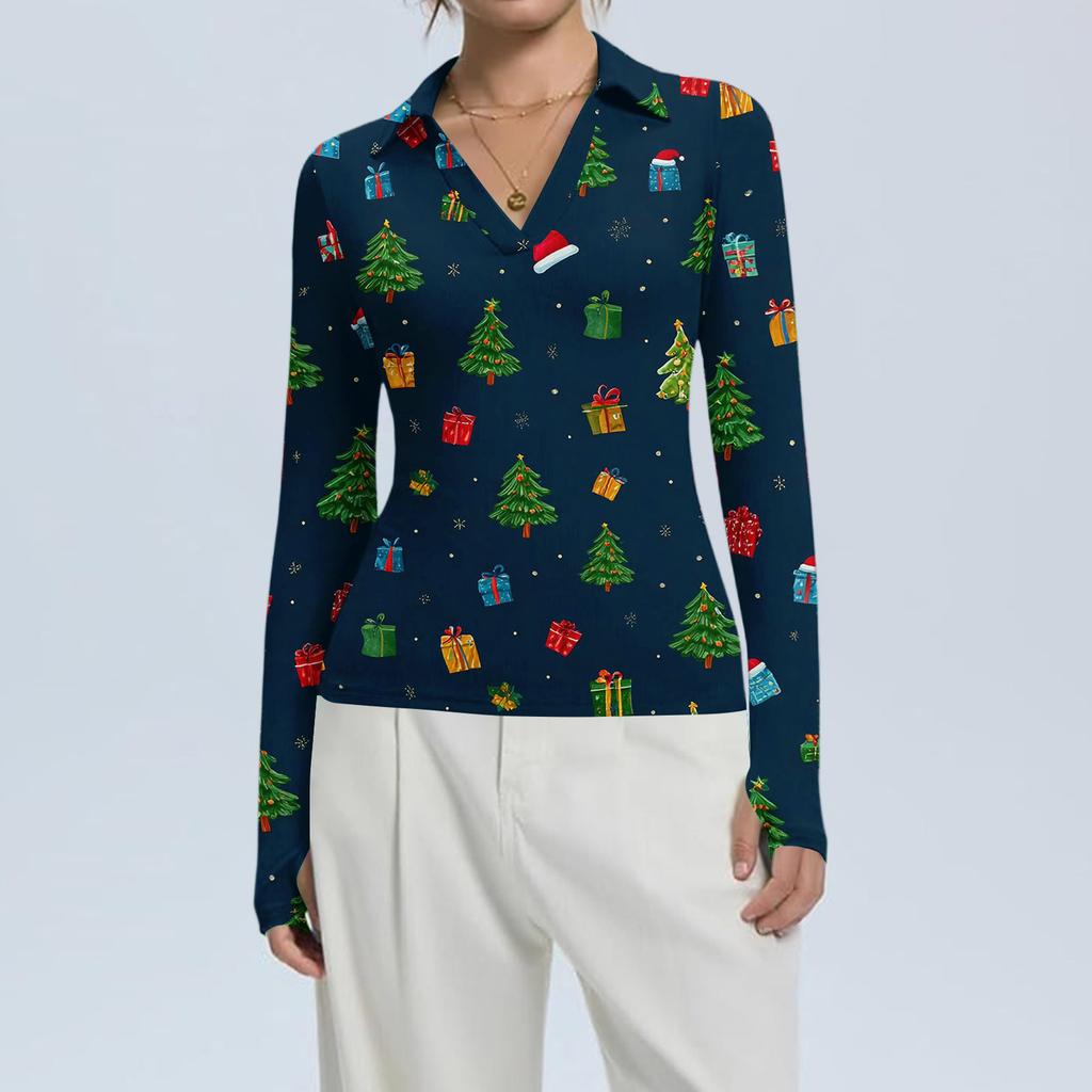 Damenmode Lässig Weihnachts-Print V-Ausschnitt Langarm Knopfleiste Oberteil