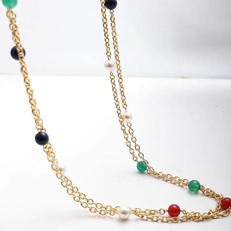Mei Mary Used Red, Green, and Blue Colorful Bead Gemstone Long Necklace - Multi-layered Gemstone Vintage Waist Chain