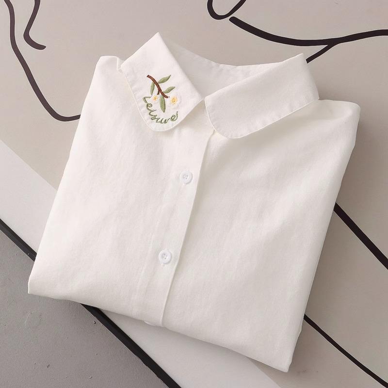 Women's Long Sleeve White Cotton Shirt with Rabbit and Radish Embroidery – Spring & Autumn Collection