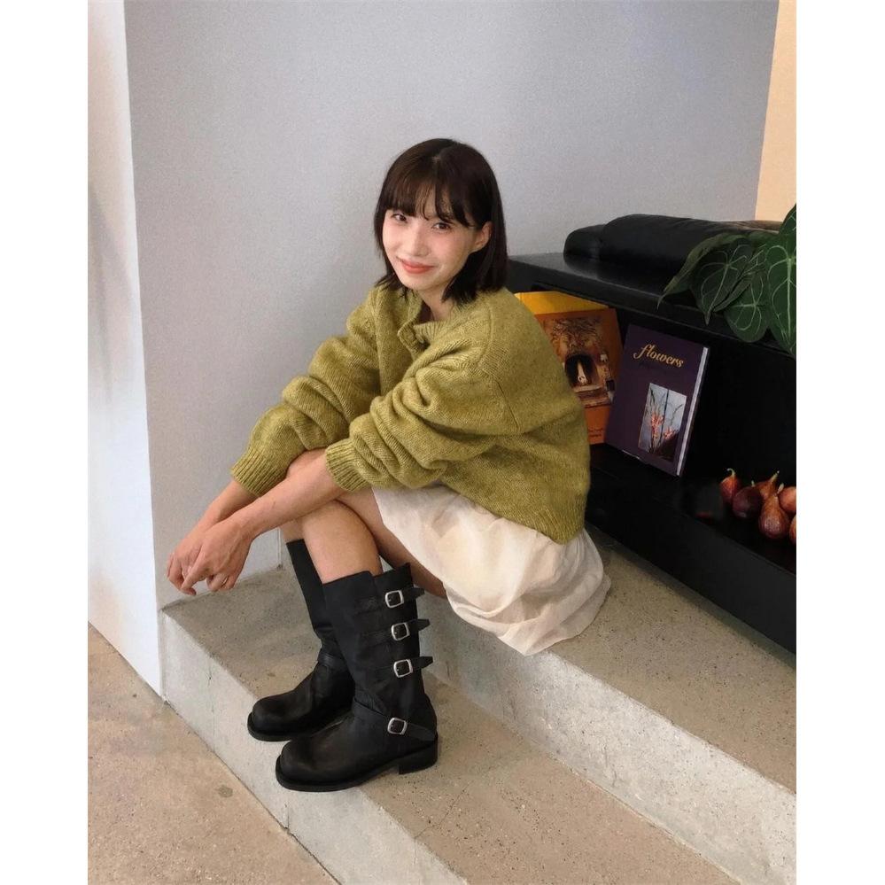 2025 New Autumn Round Head Retro Belt Buckle Boots Adjustable Thick Legs Simple Thick Heel Medium Tube Knight Boots