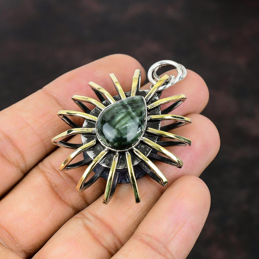Seraphinite Pendant Dainty Gemstone Jewelry 925 Sterling Silver Pendant 18K Gold Plated Pendant Handmade Jewelry Cage Pendant Gift For Women