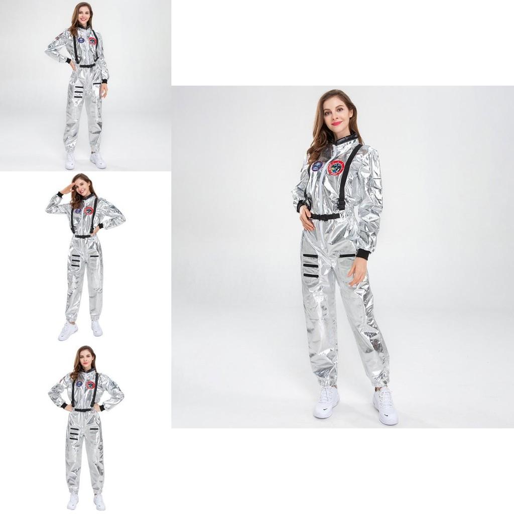 Elegant Silver Female Astronaut Costume For Halloween Featuring Stylish Cosplay Design
