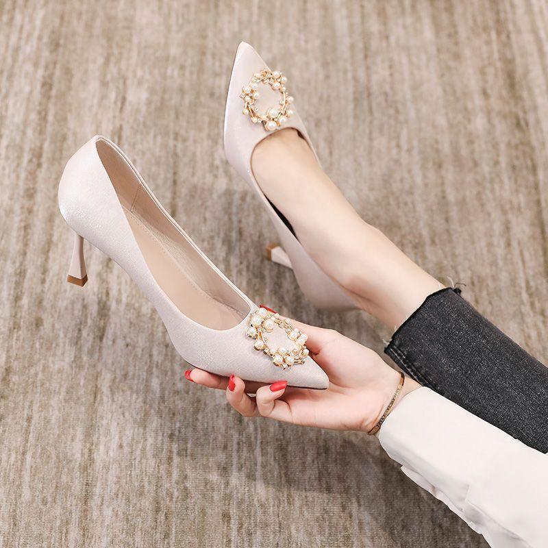 Bride thin heel pointed wedding shoes women's 2025 new show He red high heels women's pearl rhinestone single shoes women