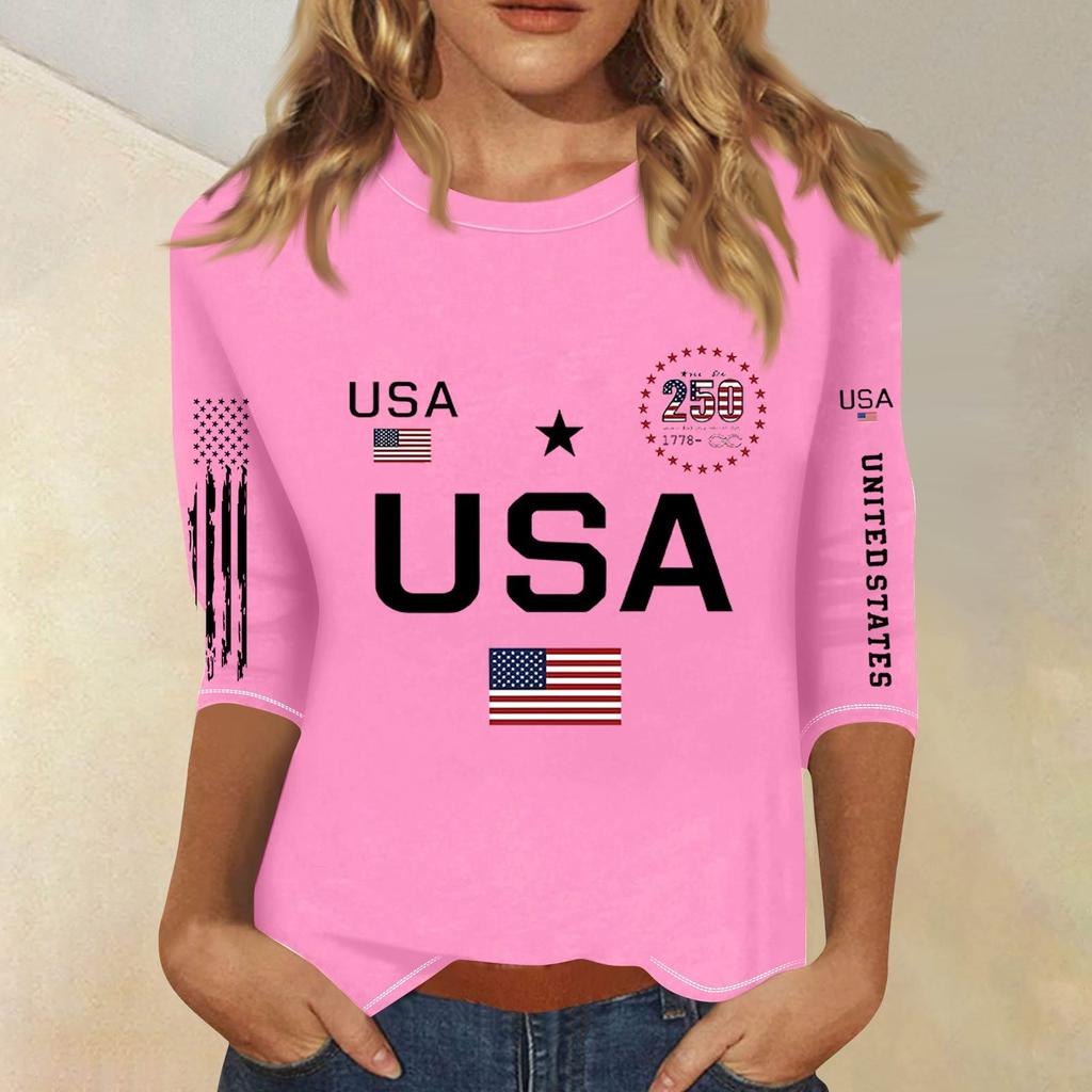 3/4 Sleeve Tops For Women T-Shirt Casual  Print Tops T Shirt Round Neck Pullover Blouse
