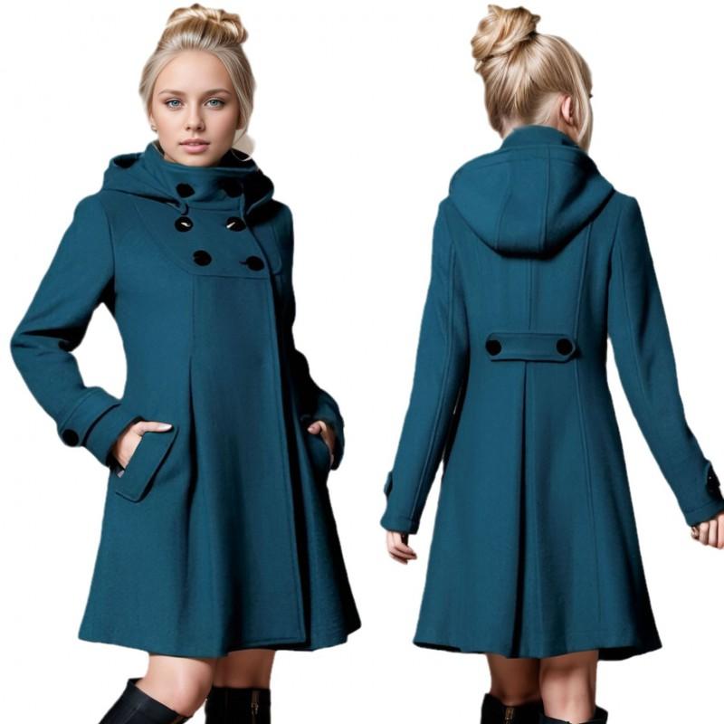 Womens Wool Blend Coat Mid-Length Hooded Double-Breasted Trench Style Outerwear Winter
