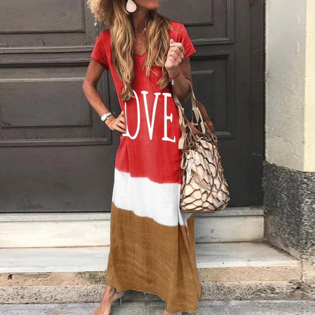 Long Dress Summer Dress Women Letter Print Patchwork Sundress Casual Loose Plus Size Sexy V Neck
