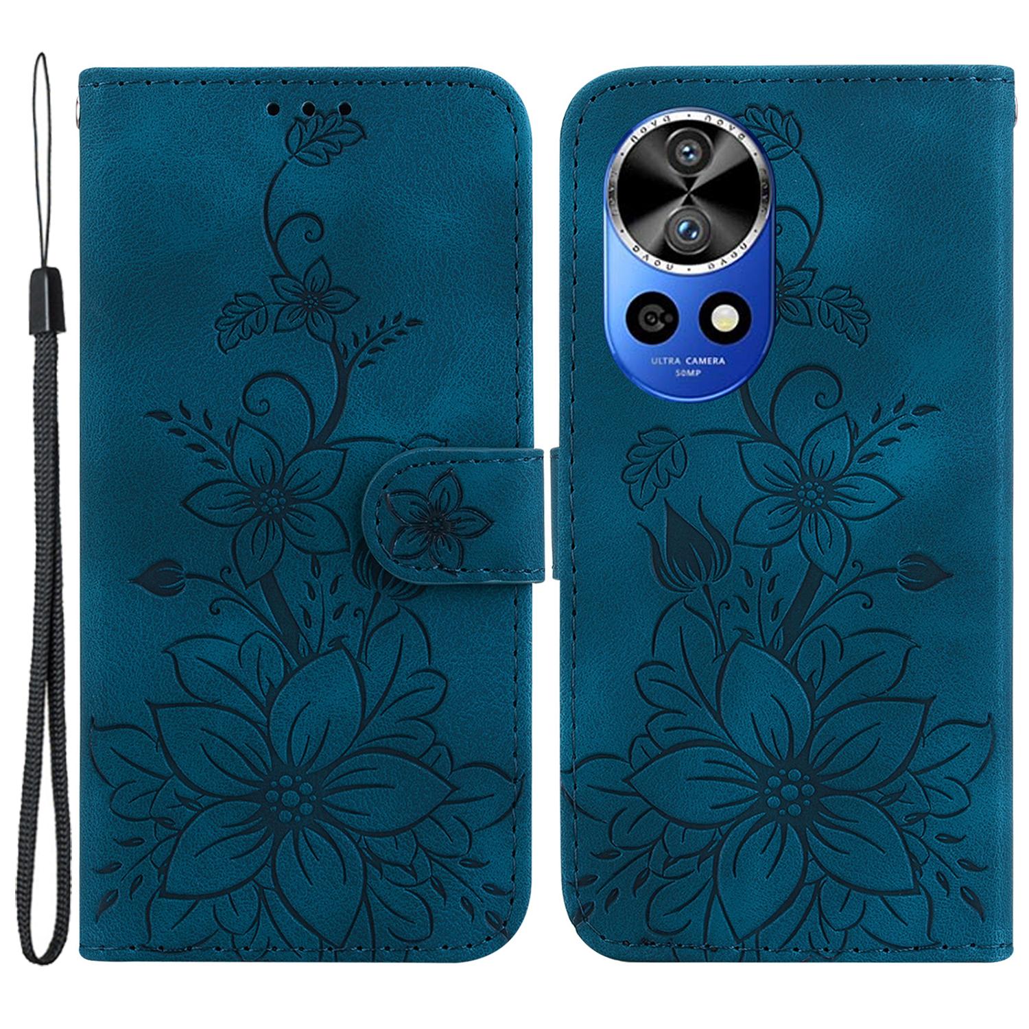 

For Huawei nova 12 Pro 5G/12 Ultra 5G Stand Case Lily Flower PU Leather Phone Cover Dark Blue