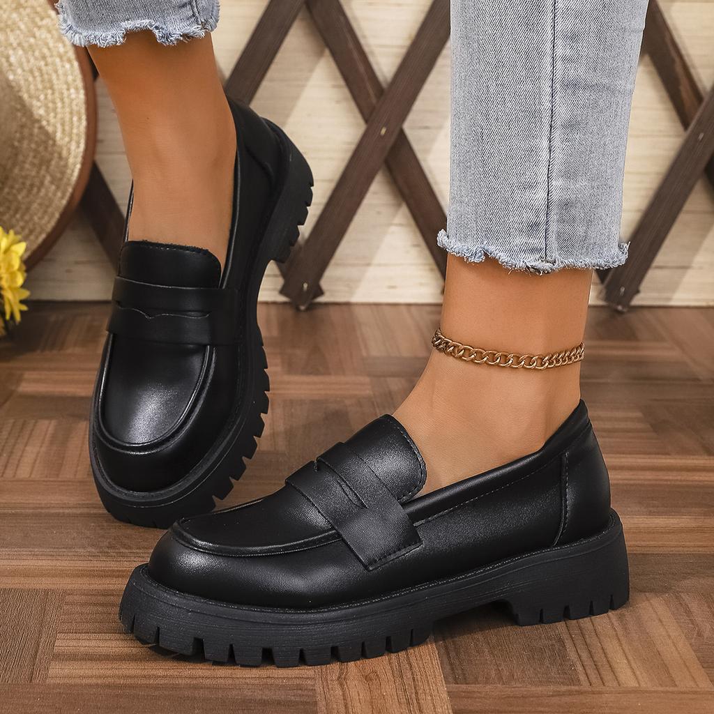 Fashion British Style Platform Loafers Women 2025 Plus Size Round Toe Single Shoes Woman Thick Bottom Pu Leather Shoes Mujer