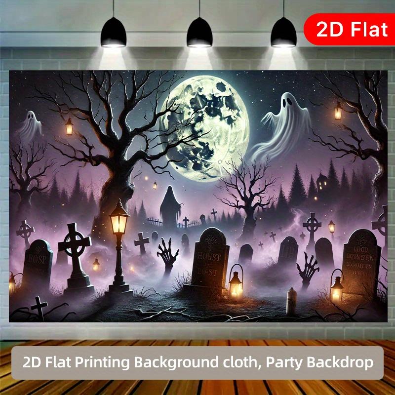 1 piece of 2D flat banner Cemetery Ghost Full Moon Night Polyester fiber party backdrop fabric.PMJ