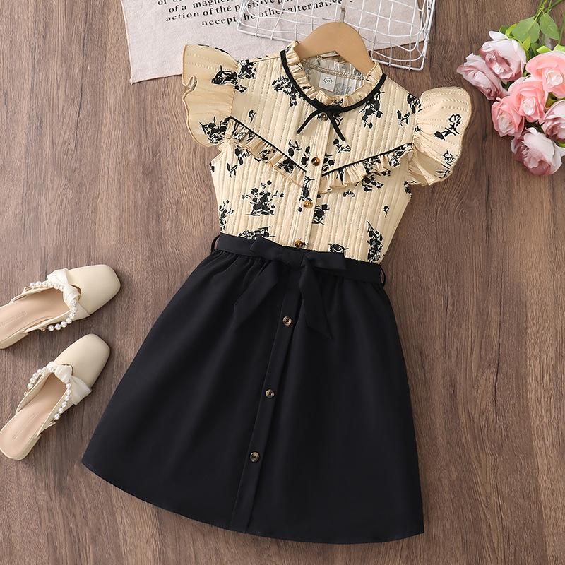 

Girls Summer Fashion Set: Children s Casual Blouse with Flare Sleeves and Ruffles + A-Line Skirt Two-Piece Set 130cm=8Y хаки