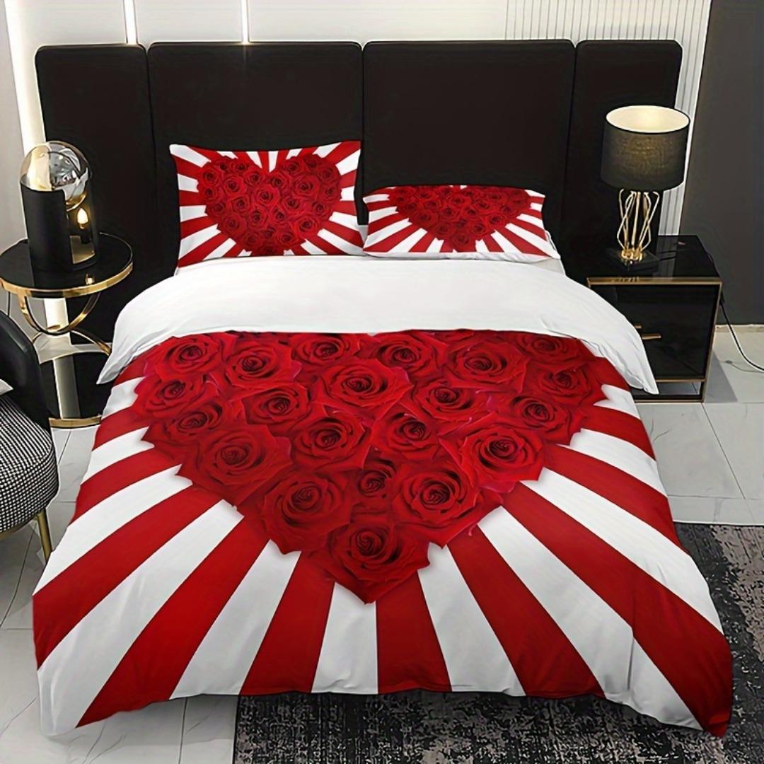 

Romantic Red Romantic Roses Heart 3D Print Bedding Set Cozy Duvet Cover King Queen Twin Single Size Birthday Gift Bedroom Decor EU Single 135x200cm
