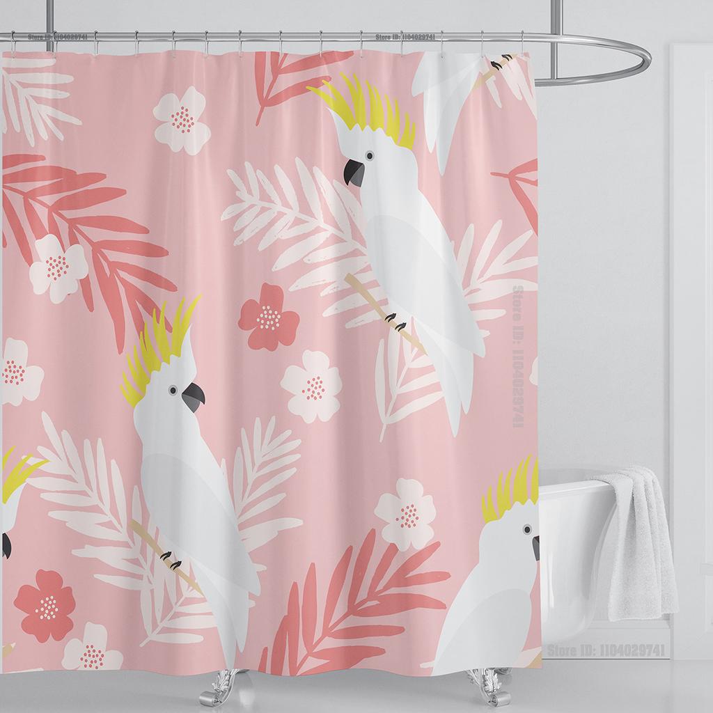 Bohemian Shower Curtain Tropical Jungle Wildlife Bathroom Set Modern Pink Aesthetic Parrot Floral Bathroom Curtain With Hooks