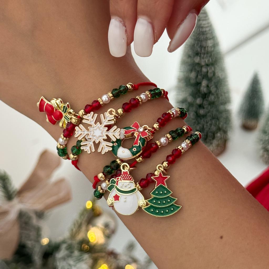 SHIXIN Cute Christmas Series Tree Snowflake Snowman Pendant Bracelet Set Women Adjustable Crystal Bead Chain Rope Chain Bracelet