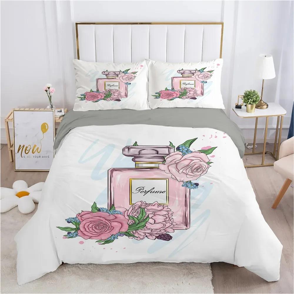 Perfume Floral Duvet Cover Set Pink Makeup Bedding Set with Pillowcase,Girls Women Romantic Fashion Gifts Comforter Cover Set