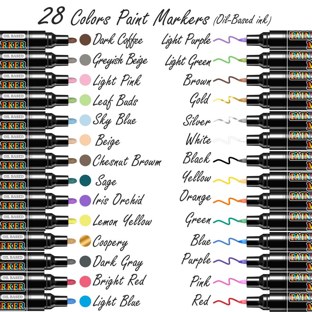28 Oil Based Paint Markers - Oil Paint Pens Dual Tip (1mm Fine Tip + 5mm) | Waterproof & Permanent for Metal,Tire, Plastic, Wood