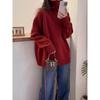 Solid Red Fluffy Knitwear: Women's High Neck Long Sleeve Sweater for Autumn and Winter