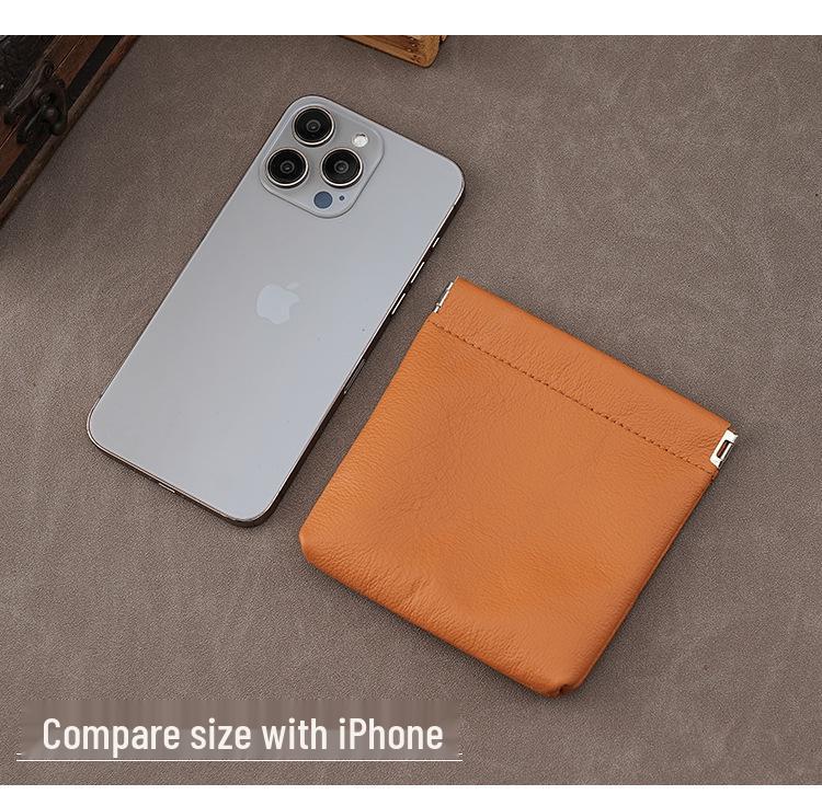 Genuine Leather Coin Purse with Alloy Spring Clip and Kiss Lock for Keys, Earphones, or Jewelry Storage