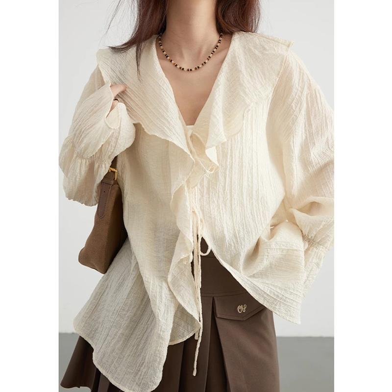 Frühlingsrüschen Schlagärmel Schnürung Vintage Lässige Hemden für Damen Mode Elegant V-Ausschnitt Lockere Blusen Damen Oberteile Slim Fit Einfarbiges Damenhemd 25999