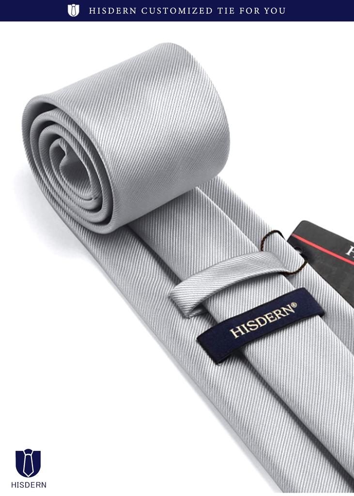 [HISDERN] White Tie, Wedding, Men's Formal Brand, Tie and Pocket Square 3-Piece Set, Plain, Gift, Luxury, Box Included, Business, Celebration,