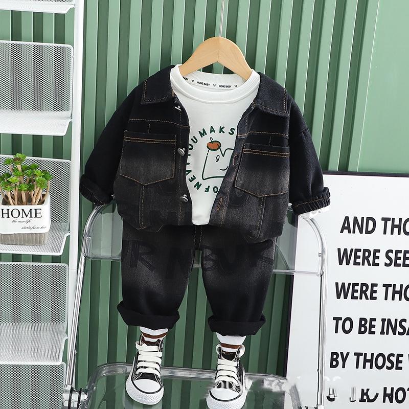 

Осенняя мода Весенне-осенний костюм с капюшоном из денима с принтом медведя Модный мальчиковый костюм-тройка с длинным рукавом 80