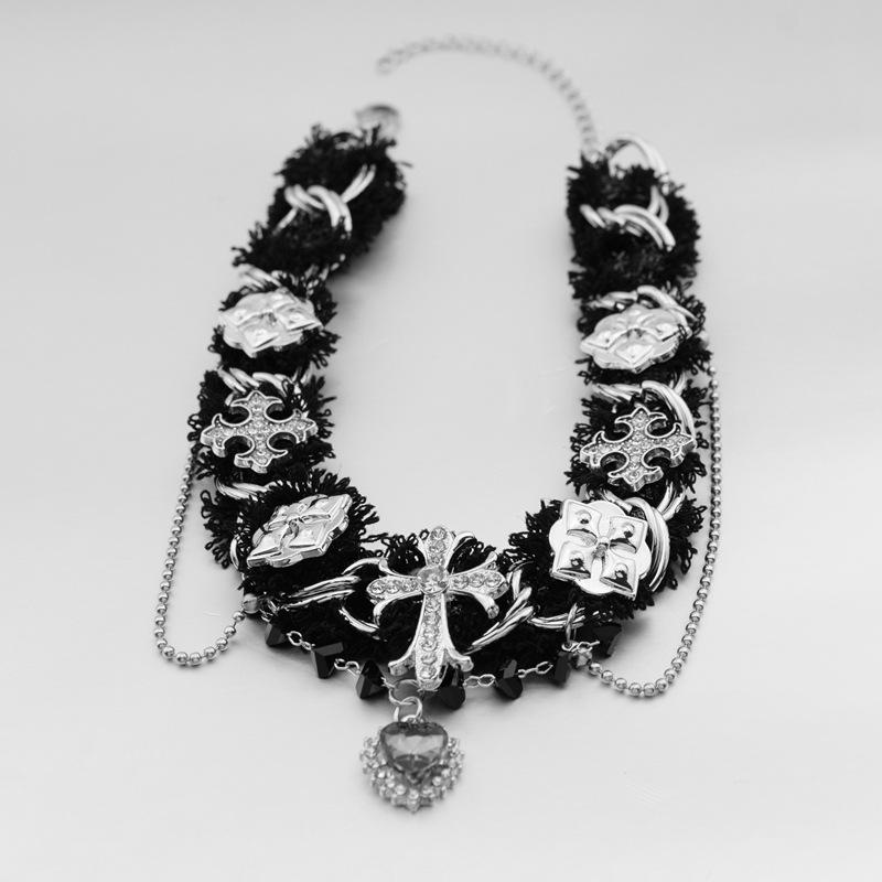 Meier Plush yarn patchwork y2k cross heart necklace - sweet  spicy girl style